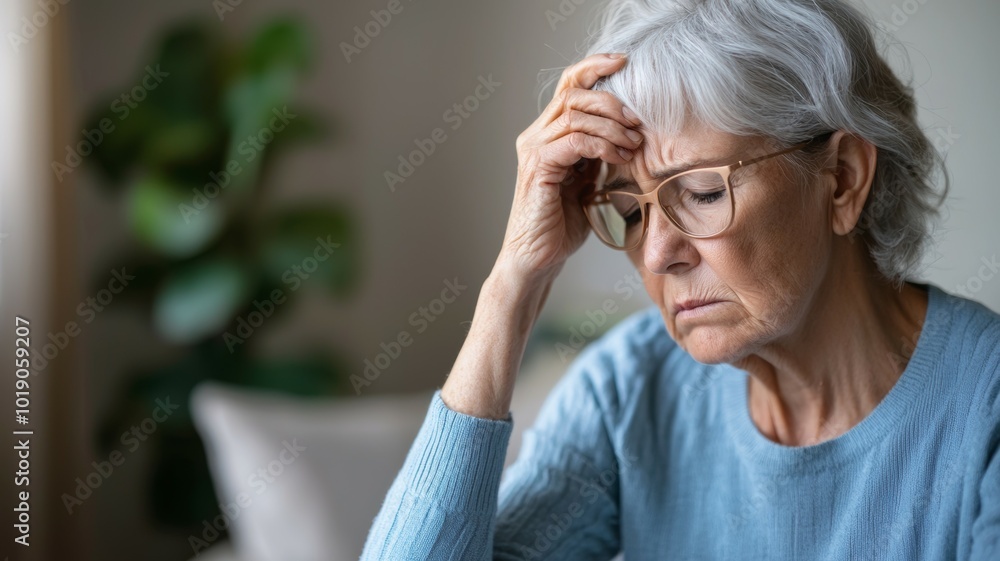 An elderly woman sits in a softly lit living room, looking distressed while holding her forehead An elderly woman sits in a softly lit living room, looking distressed while holding her forehead
