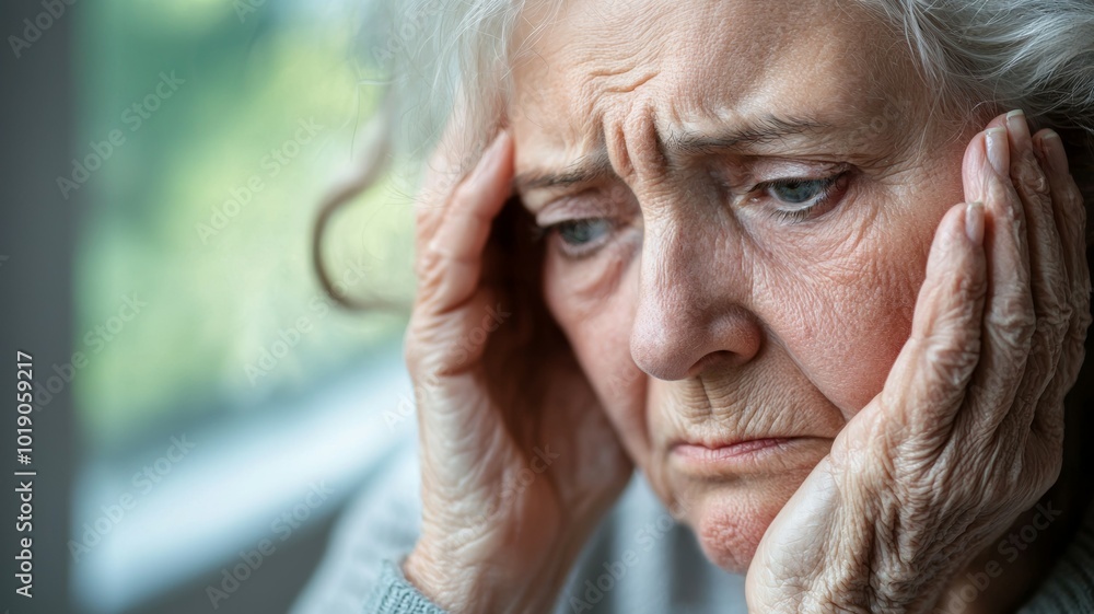 Elderly woman showing signs of distress while sitting indoors during a quiet afternoon Elderly woman showing signs of distress while sitting indoors during a quiet afternoon