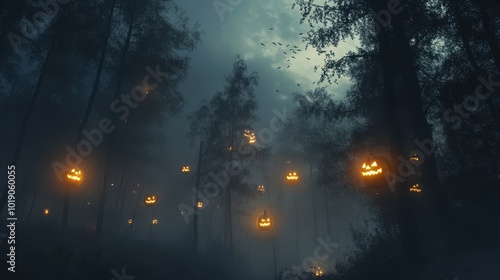 Ghosts flying through a spooky forest with glowing pumpkins and eerie fog on Halloween