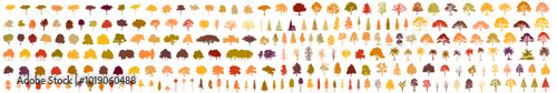 autumn silhouette tree line drawing set, Side view, set of graphics trees elements outline symbol for architecture and landscape design drawing. Vector illustration in stroke fill. fall season