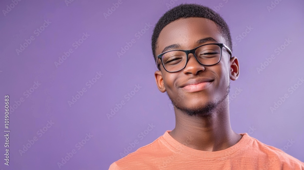 A young man smiles confidently against a vibrant purple background during a casual portrait session A young man smiles confidently against a vibrant purple background during a casual portrait session