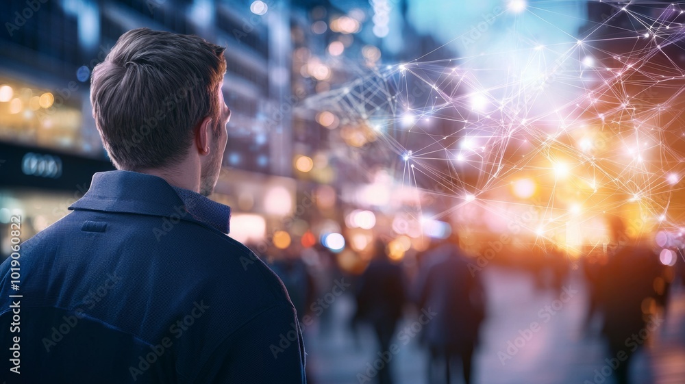 Man observing a bustling city street at night with digital connections and light effects in the background Man observing a bustling city street at night with digital connections and light effects in the background