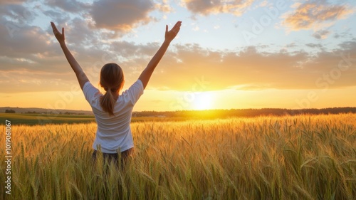 A person celebrating joyfully at sunset in a golden wheat field on a clear summer evening