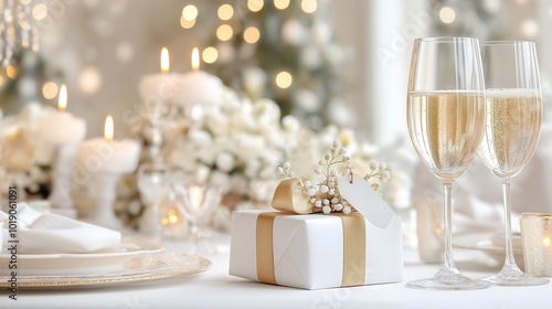 Romantic anniversary dinner setting with champagne and gift box for a special celebration