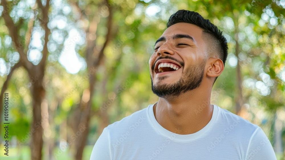 Joyful young man enjoying a sunny day outdoors in the park with greenery surrounding him Joyful young man enjoying a sunny day outdoors in the park with greenery surrounding him