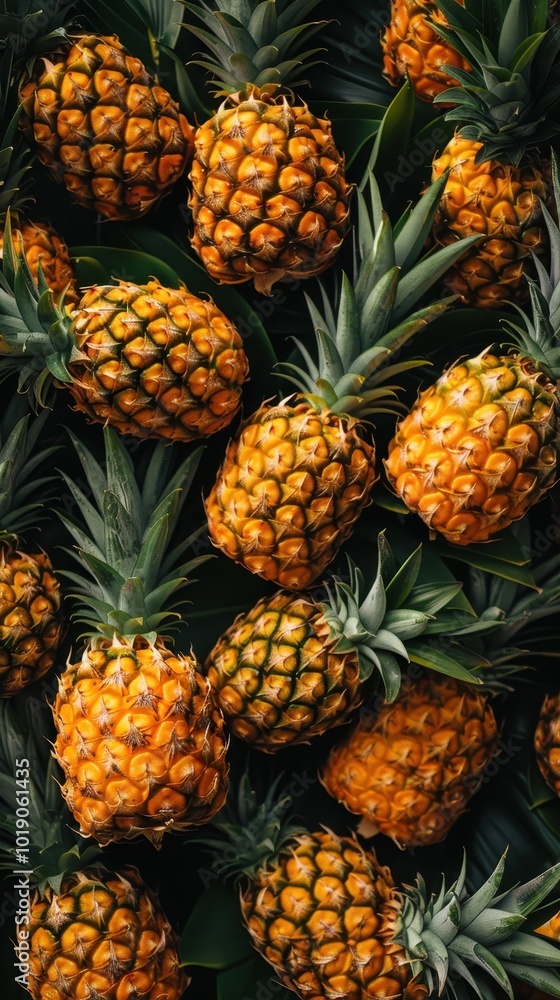 A vibrant display of stacked ripe pineapples showcasing their yellow skin and green leaves A vibrant display of stacked ripe pineapples showcasing their yellow skin and green leaves