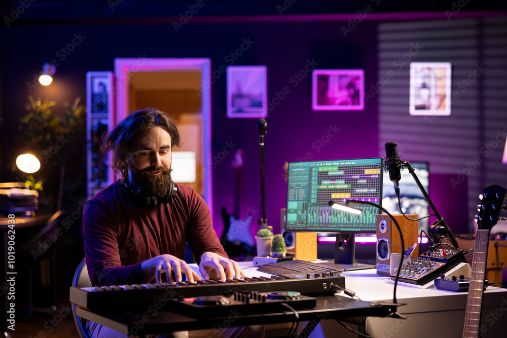 Fototapeta premium Modern artist playing piano notes to record a new soundtrack, trying to compose a song using midi controller electronic keyboard. Singer composer playing instrument keys to create songs.