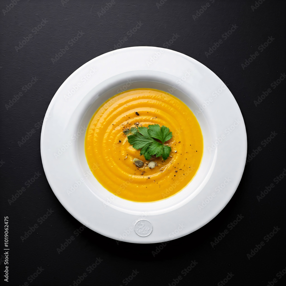 A bowl of creamy, orange soup topped with a swirl of oil, fresh parsley, and black pepper A bowl of creamy, orange soup topped with a swirl of oil, fresh parsley, and black pepper