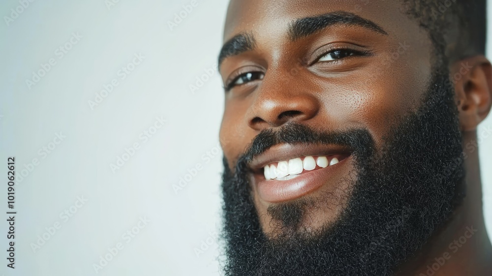 A smiling man with a beard showcases confidence against a neutral background in a bright, cheerful atmosphere A smiling man with a beard showcases confidence against a neutral background in a bright, cheerful atmosphere