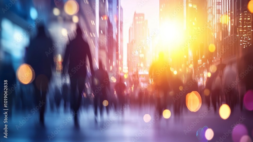 Busy city street at sunset with blurred crowds and vibrant lights in the background Busy city street at sunset with blurred crowds and vibrant lights in the background