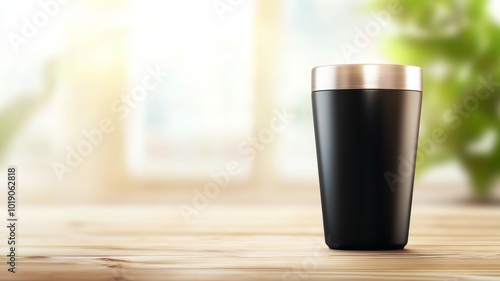 A sleek black coffee cup resting on a wooden table in a bright, sunlit room filled with plants