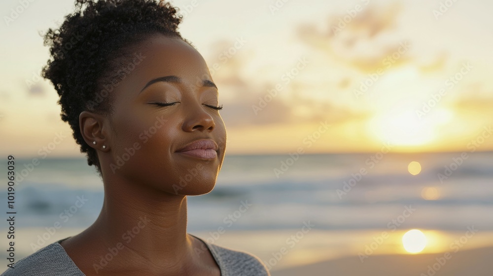 A woman practices mindfulness at sunset on a serene beach, embracing tranquility and nature's beauty A woman practices mindfulness at sunset on a serene beach, embracing tranquility and nature's beauty