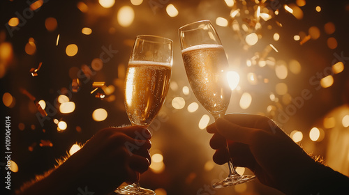 New Year's toast, champagne glasses clinking, sparkling confetti.
