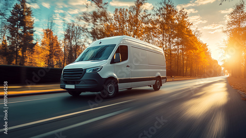 a white van driving down a road next to a forest at sunset