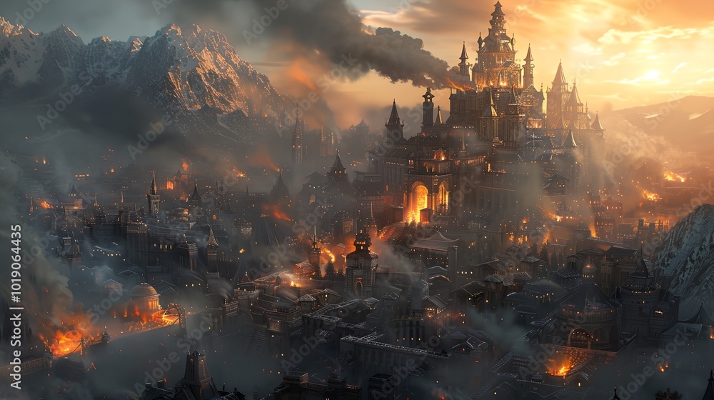 a large castle with a lot of smoke coming out of it's towers a large castle with a lot of smoke coming out of it's towers
