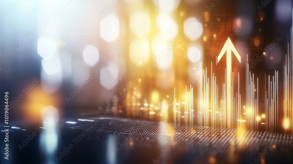 Abstract representation of data trends with glowing bars and upward arrows at night Abstract representation of data trends with glowing bars and upward arrows at night