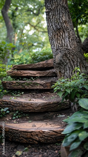 Wooden steps lead through lush greenery beside a tall tree in a tranquil garden setting