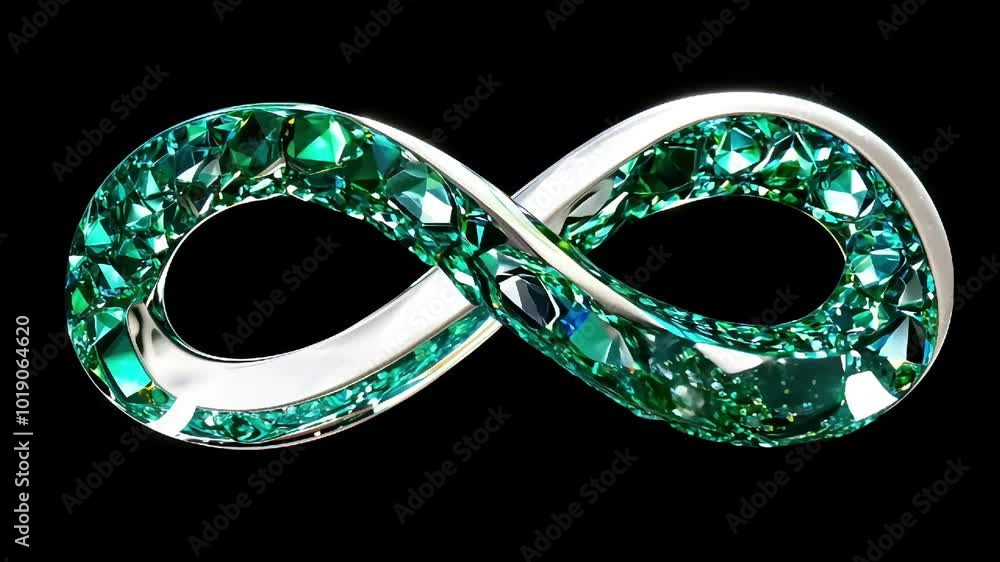 Luxurious infinity symbol with sparkling green crystals, glowing ...