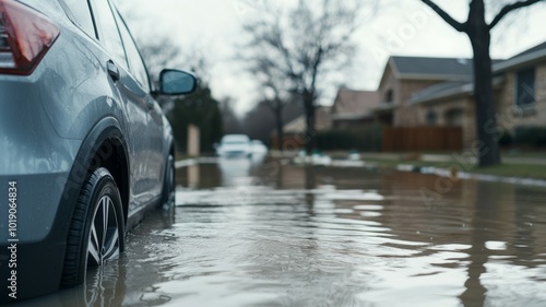 Flooded street with vehicles struggling in deep water on a rainy afternoon in a suburban neighborhood