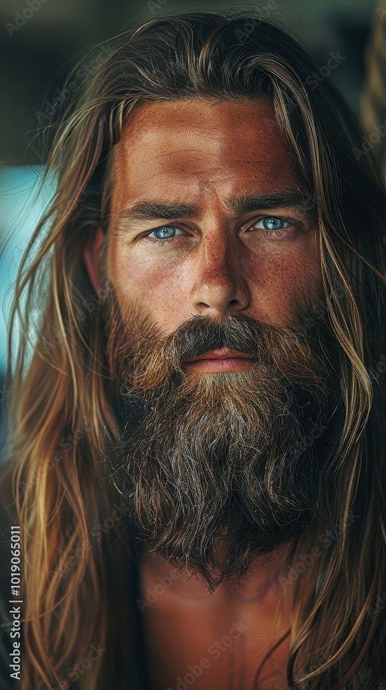 A confident man with long hair and a stylish beard poses indoors in daylight A confident man with long hair and a stylish beard poses indoors in daylight