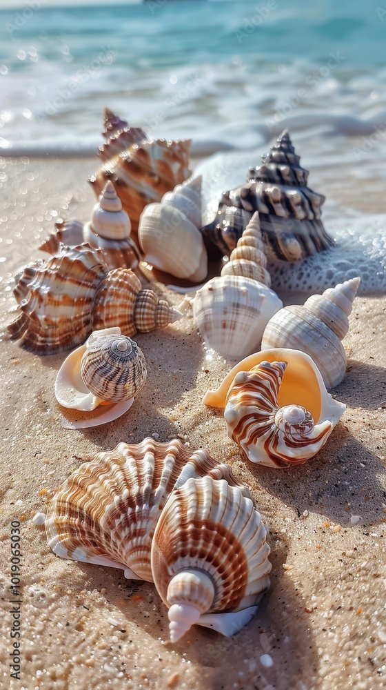 Colorful seashells scattered on a sandy beach with a tranquil ocean in the background Colorful seashells scattered on a sandy beach with a tranquil ocean in the background
