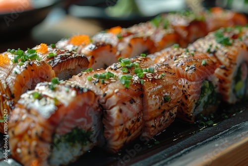 Traditional japanese sushi  a neatly arranged dish of fish and beef on the dining table