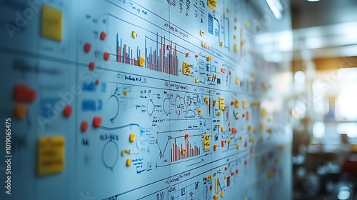 A whiteboard covered in charts, diagrams, and sticky notes, showcasing a complex business process or project plan.