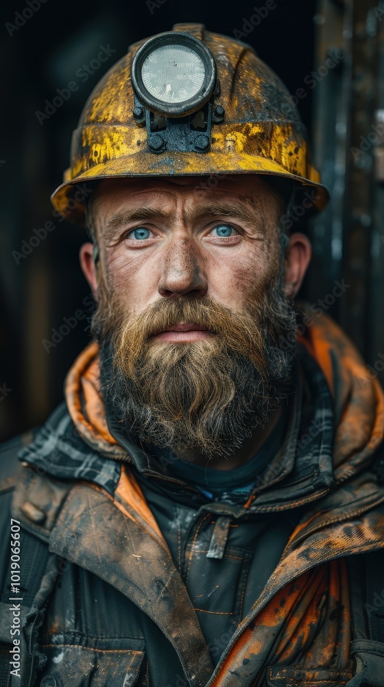 Fototapeta premium Ukrainian coal miner ready for work in an industrial setting, showcasing strength and resilience