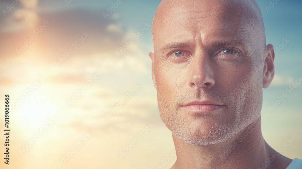 A confident bald man gazes into the distance during a vibrant sunset at the beach A confident bald man gazes into the distance during a vibrant sunset at the beach