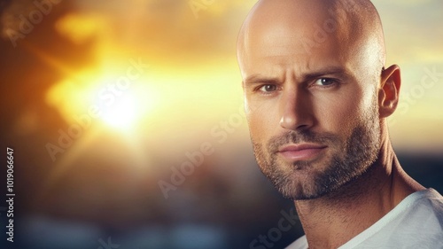 A man with a shaved head poses calmly against a stunning sunset backdrop, capturing a moment of tranquility