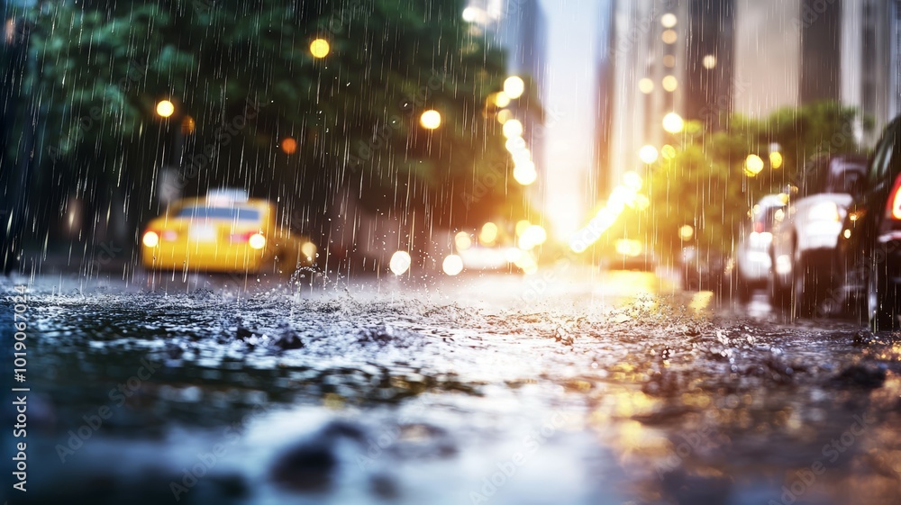 Rainy city street in the evening with reflections and yellow taxi under soft glowing lights Rainy city street in the evening with reflections and yellow taxi under soft glowing lights