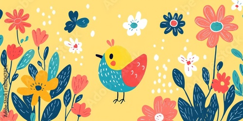 Colorful bird in a field of flowers with a yellow background.