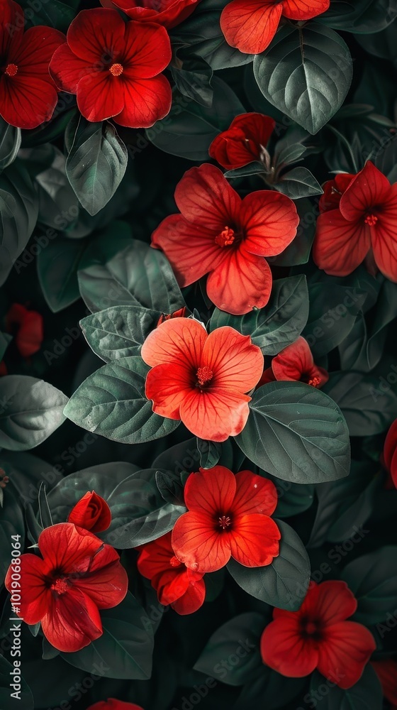Vibrant red flowers in bloom surrounded by lush green leaves in a garden setting Vibrant red flowers in bloom surrounded by lush green leaves in a garden setting