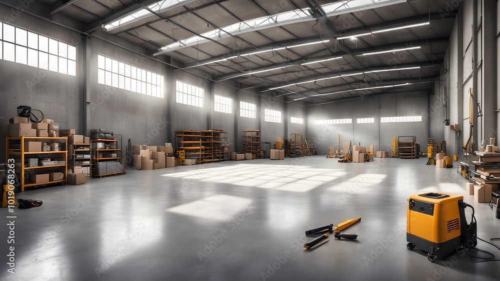 An empty warehouse with large windows letting in natural light, with various tools, shelving, and boxes throughout. An empty warehouse with large windows letting in natural light, with various tools, shelving, and boxes throughout.