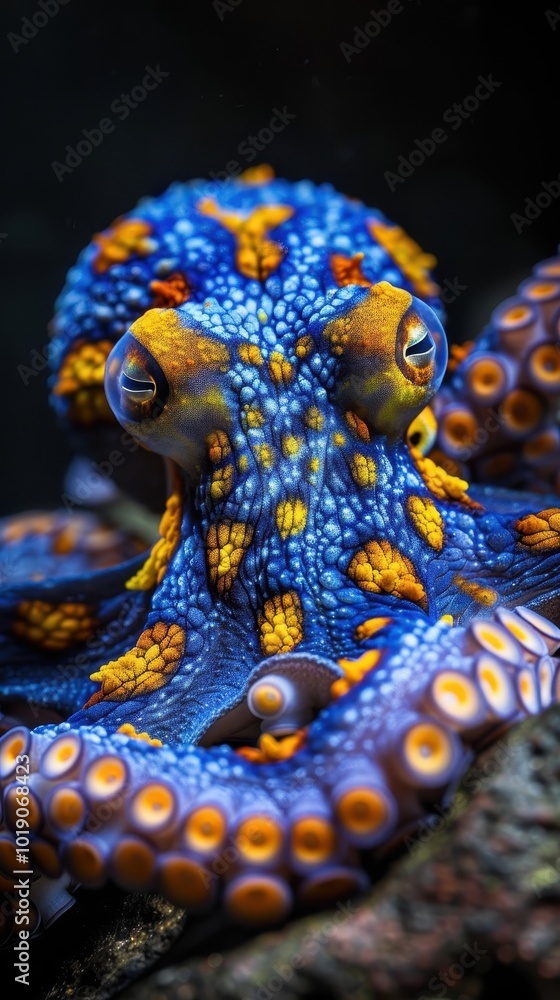 Fototapeta premium Bright blue and yellow octopus gracefully exploring its underwater habitat in clear ocean waters