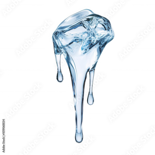 Clear ice cube melting with water droplets, transparent background