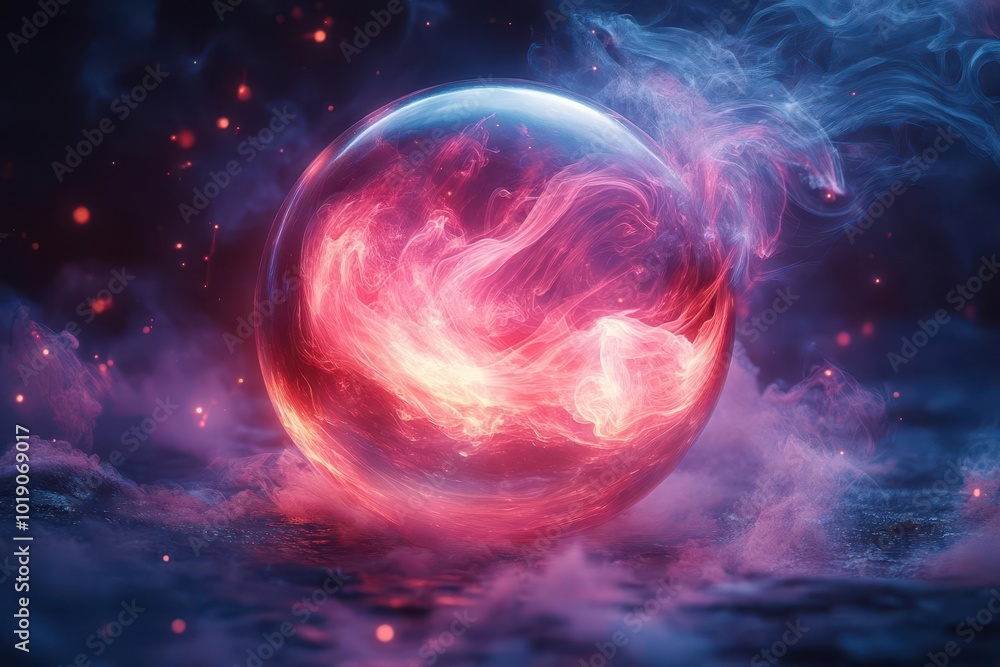 Obraz premium mysterious crystal ball emitting swirling tendrils of iridescent smoke against a dark shadowy background ethereal glow illuminates the sphere creating an atmosphere of mysticism and fortunetelling