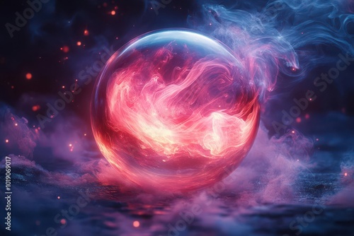 mysterious crystal ball emitting swirling tendrils of iridescent smoke against a dark shadowy background ethereal glow illuminates the sphere creating an atmosphere of mysticism and fortunetelling