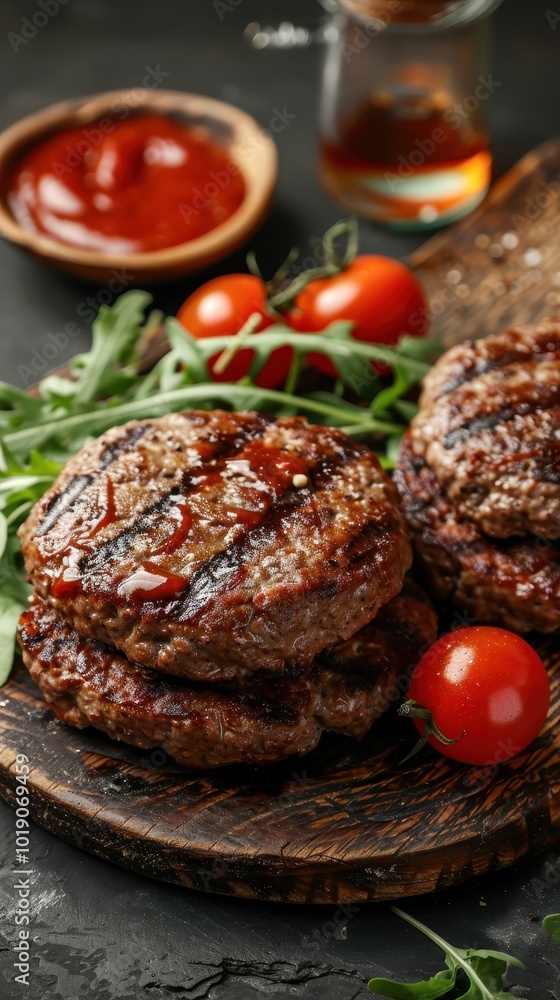 Savory beef burgers on a rustic plate with sauce and fresh tomatoes for a delicious meal Savory beef burgers on a rustic plate with sauce and fresh tomatoes for a delicious meal
