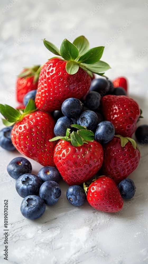 Fresh strawberries and blueberries stacked on a white surface for a summer dessert Fresh strawberries and blueberries stacked on a white surface for a summer dessert