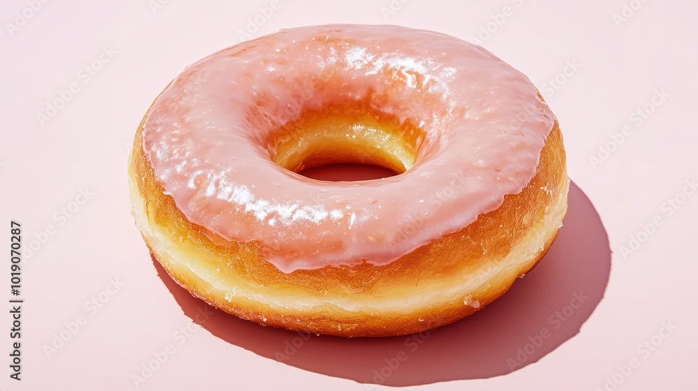 Obraz premium A delicious pink frosted donut on a pastel pink background, perfect for sweet treats and dessert themes.