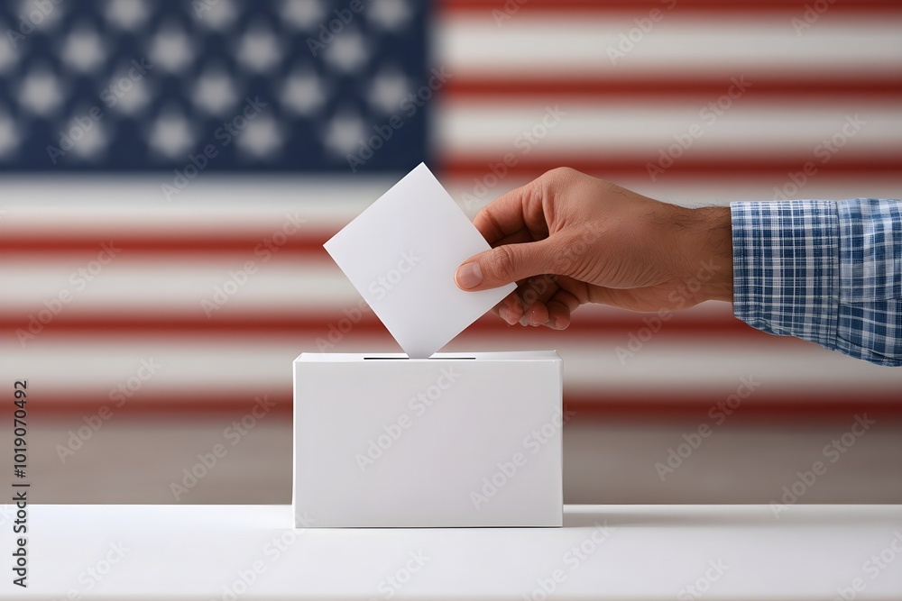 Hand inserting vote ballot into white ballot box. 2024 Presidential elections. Vote day, November 5. US Election campaign. USA, United States of America. Democratic process. Democracy and freedom Hand inserting vote ballot into white ballot box. 2024 Presidential elections. Vote day, November 5. US Election campaign. USA, United States of America. Democratic process. Democracy and freedom
