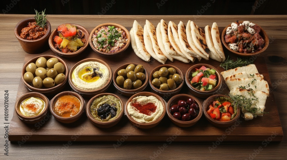 Assorted Mediterranean Dishes on a Wooden Platter Assorted Mediterranean Dishes on a Wooden Platter