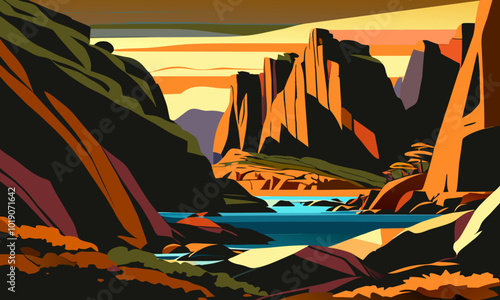 Vibrant landscape with coastal mountains, vector illustration.