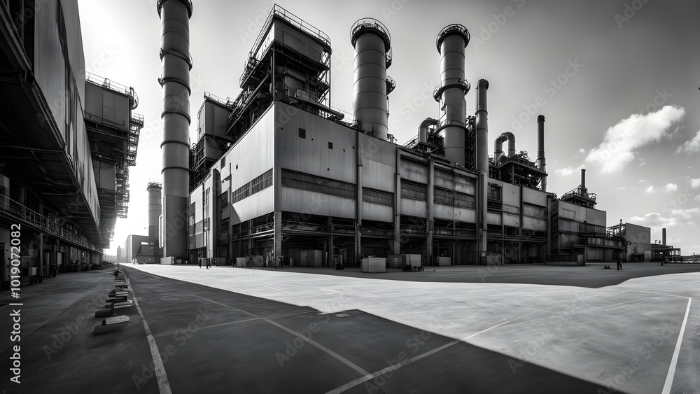 Obraz premium A large industrial complex with tall smokestacks and a wide paved area in front.