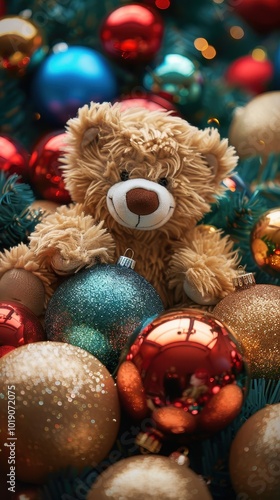 A fluffy teddy bear surrounded by colorful Christmas ornaments creates a festive holiday atmosphere