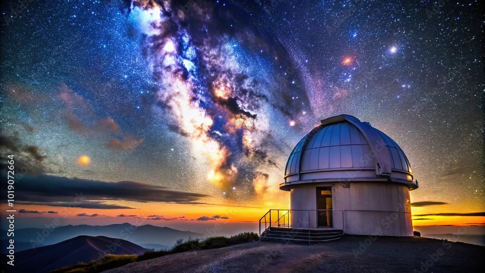 A beautiful opalescent astronomical observatory with a view of the Milky Way merging in a long shot A beautiful opalescent astronomical observatory with a view of the Milky Way merging in a long shot