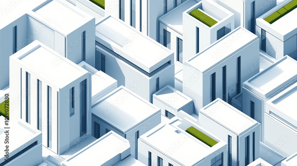 Abstract modern cityscape featuring sleek white buildings with greenery on rooftops. Abstract modern cityscape featuring sleek white buildings with greenery on rooftops.