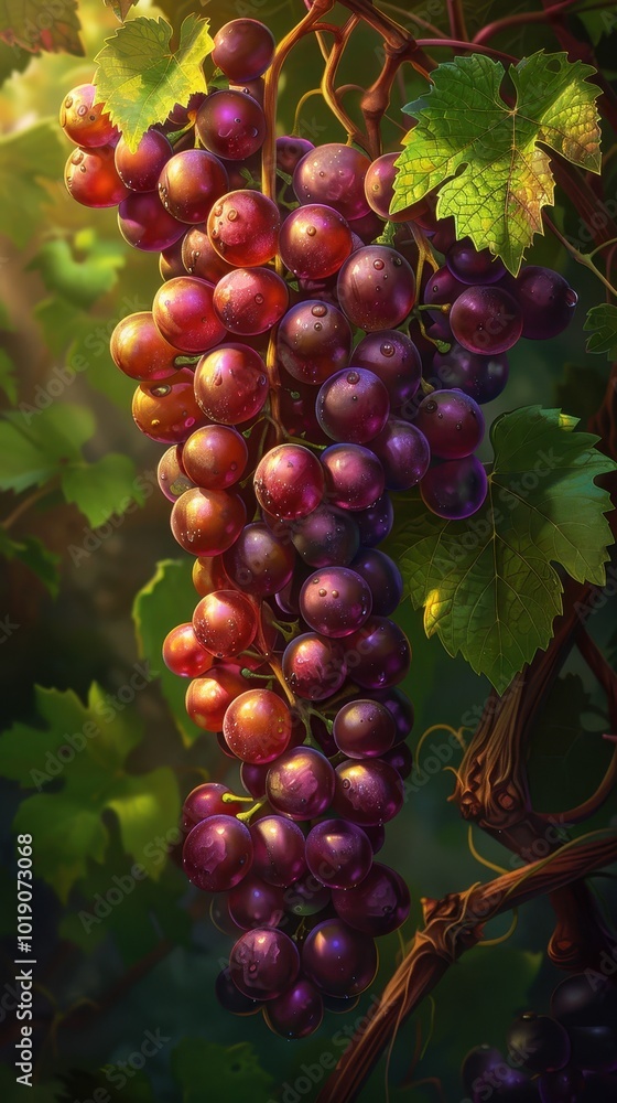 Clusters of ripe grapes hanging from a vine in a sunlit vineyard ready for harvest Clusters of ripe grapes hanging from a vine in a sunlit vineyard ready for harvest