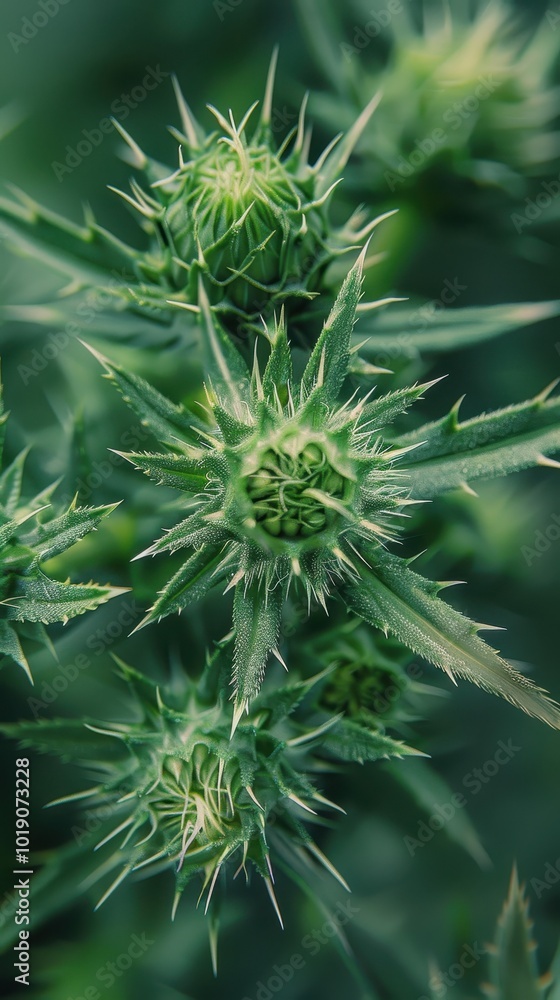 Close-up view of a thistle plant showcasing intricate patterns on its foliage and small leaves Close-up view of a thistle plant showcasing intricate patterns on its foliage and small leaves